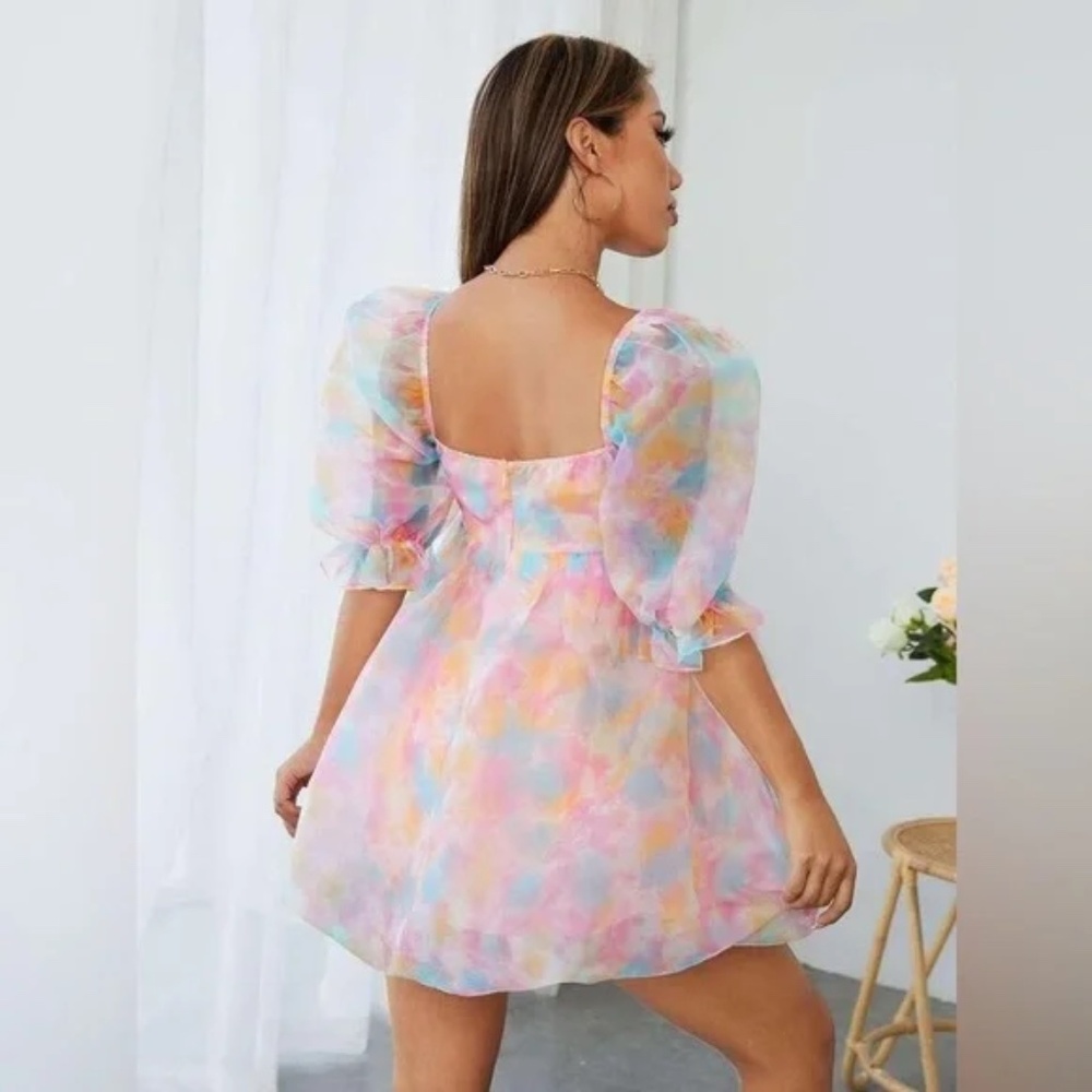Tie Dye Square Neck Puff Sleeve Organza Dress Petite Medium - Picture 2 of 3